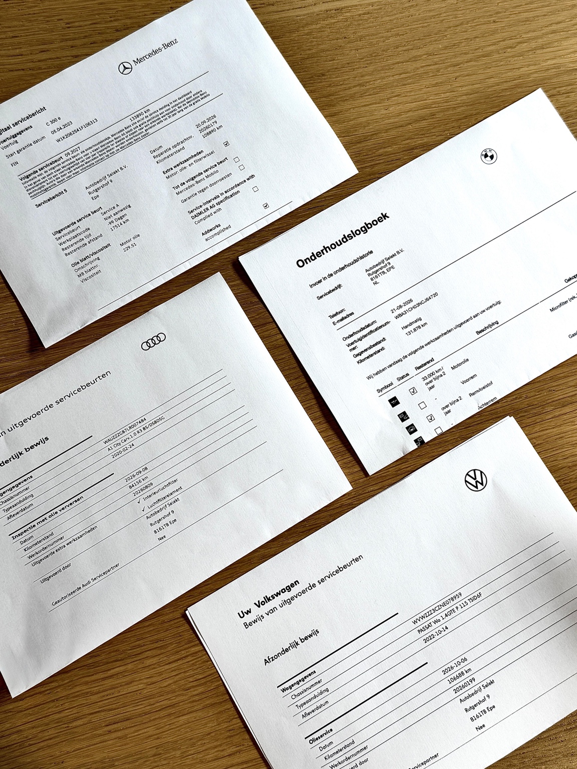 Online geregistreerde onderhoudsdocumenten van Mercedes-Benz, Audi, BMW en Volkswagen
